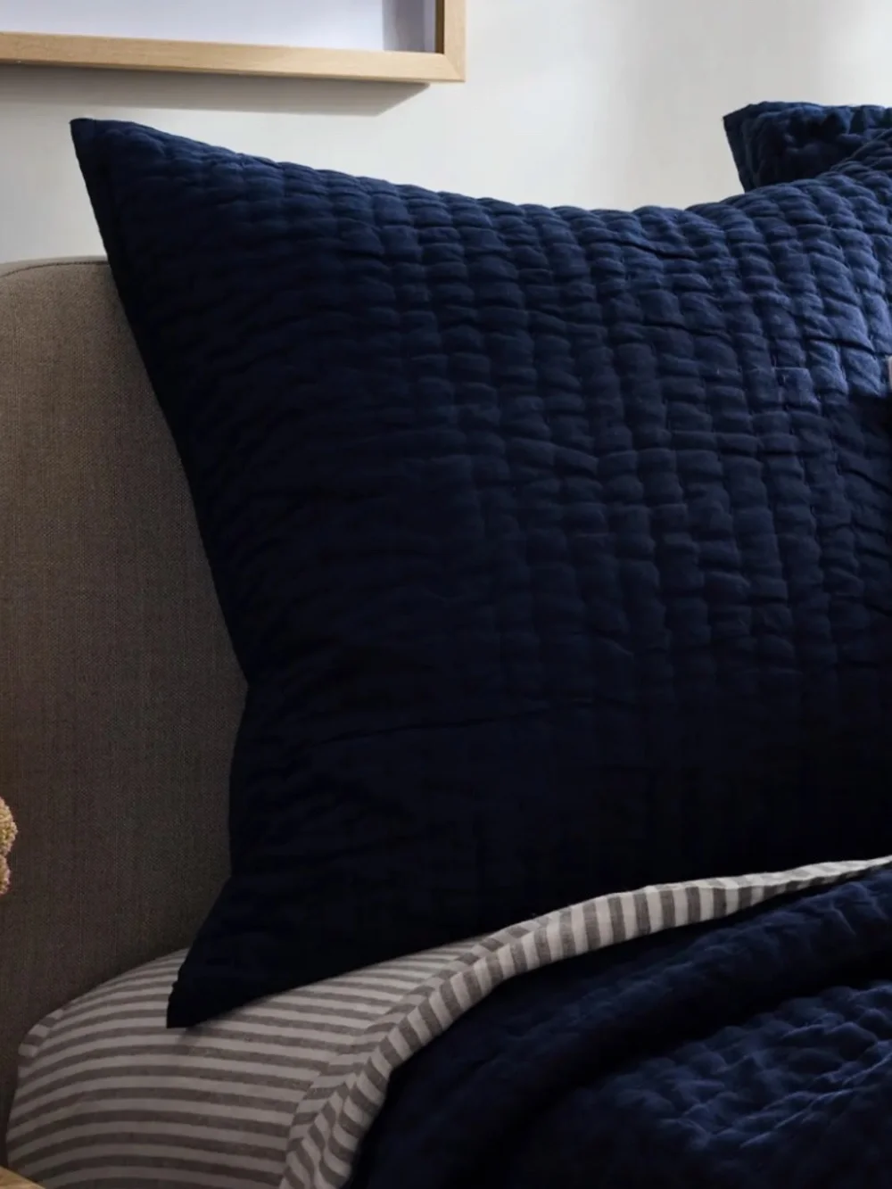 European Linen Cotton Stitch Quilted Euro Sham Navy 20 x 20